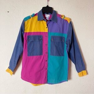 Vintage 1990s Styles To Go Women's 8 Jewel Tone Colorblock Button Up Shirt